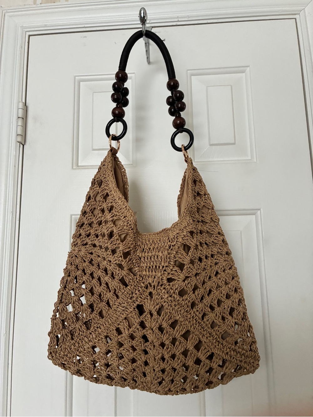 Woven Crochet Lined Hobo Bag with Bead Handle - Tan - Picture 2 of 5